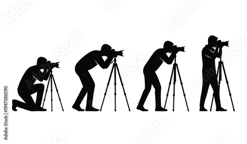 Black silhouette icons showing various photographers using cameras mounted on tall tripods