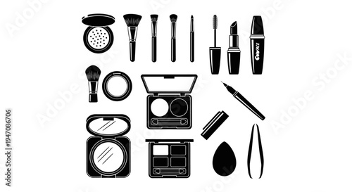 Black and white beauty products and makeup tools icons set