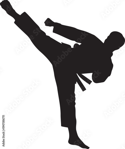 Dynamic black silhouette vector of a martial arts practitioner performing a high kick, ideal for sports, fitness, and self-defense designs.
