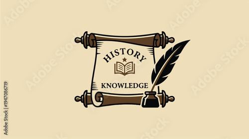 History Knowledge Scroll with Quill and Inkwell Icon.