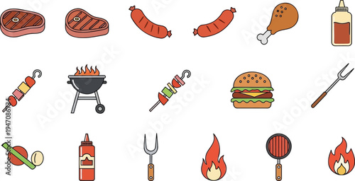 Barbecue grill food flat icon collection with steak sausage burger skewer fire and cooking tools