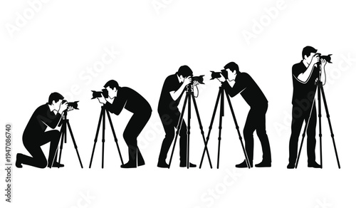A sequence of five silhouettes of photographers capturing images using cameras mounted on tripods
