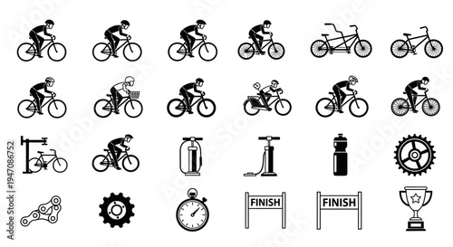 Black and white cycling sport race activity icon set