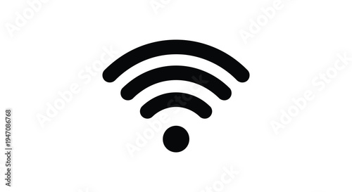 A simple black icon depicts a wifi signal showcasing curved lines and a dot silhouette high quality professional