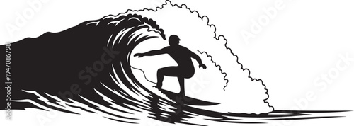 Dynamic black silhouette vector illustration of a surfer riding a large ocean wave, perfect for sports, travel, and summer-themed designs.