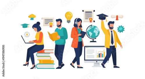 E-learning and Academic Success Illustration: Group of Students Studying, Reading Books, and Using Digital Technology for Knowledge Acquisition.