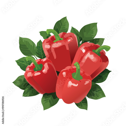 Vibrant red bell peppers with lush green leaves isolated on white background