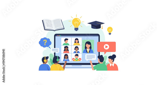 Virtual Classroom E-Learning Concept. Students having an Online Video Conference with Teacher for Remote Education, Webinar, and Distance Learning.