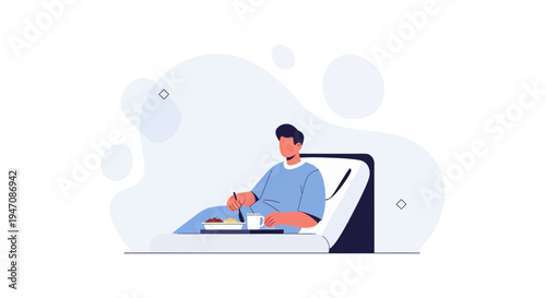 Patient eating meal in hospital bed, healthcare concept