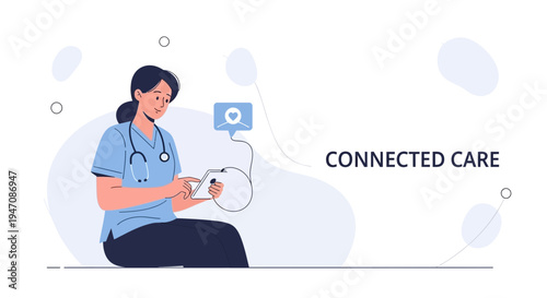 Doctor using tablet for connected care, healthcare technology concept