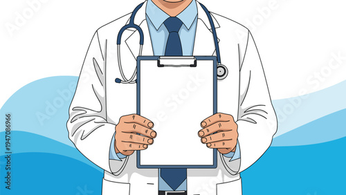 Close up of a medical doctor wearing a white lab coat and stethoscope holding a blank clipboard for patient information or medical notes.
