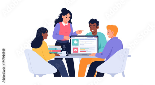 Diverse Students Collaborating on E-learning Platform with Mentor. Group Study and Online Education Concept Vector Illustration.