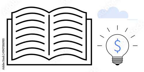 Education, learning, financial planning, innovation, creativity, knowledge sharing. Open book and light bulb ideas and financial concepts. Education and learning inspiration