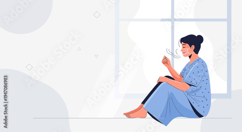 Woman in face mask breathing fresh air by window, feeling relief, isolation concept