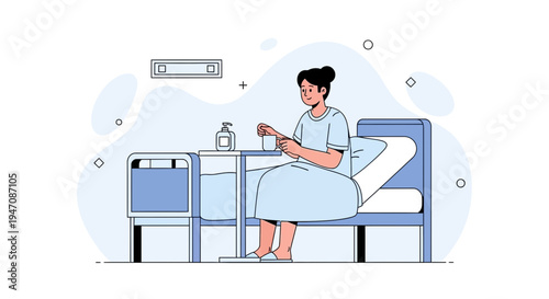 Woman in hospital bed, receiving medical care, illustration