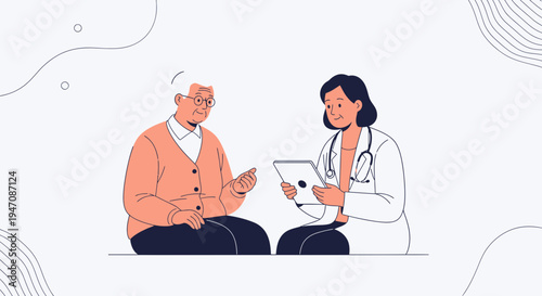 Doctor consulting elderly patient on tablet, healthcare concept illustration