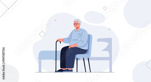 Elderly Man Sitting with Cane on Bench, Healthcare Concept