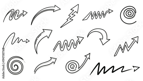 Large collection of hand drawn arrows swirls and wavy lines in a sketchy style on a white background for pointing and direction design.