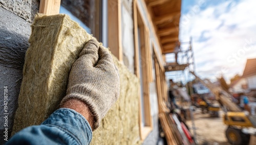 Construction worker installing insulation material on a building exterior wall.