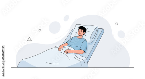 Young man resting in hospital bed, illustration, medical care, recovery concept