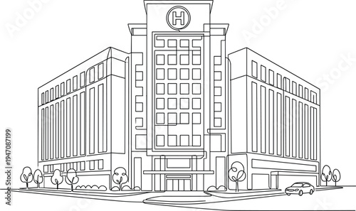 modern hospital building illustration, medical center architecture with helipad healthcare facility exterior urban line art design