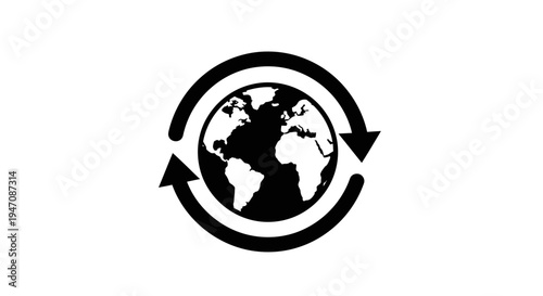 Black and white world globe with rotating arrows icon