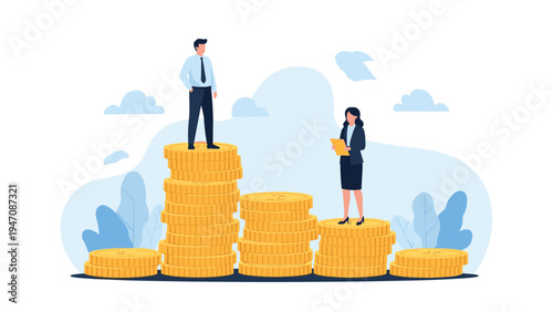 Businessman and businesswoman standing on stacks of gold coins of varying heights representing salary gap or financial growth concepts.