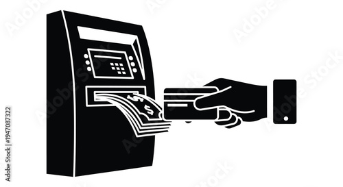 A black and white depiction of an atm with a hand inserting a card presented as a silhouette