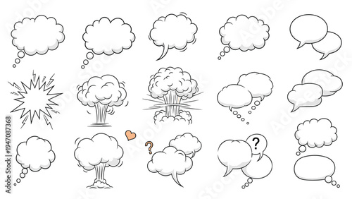 Extensive collection of blank comic book style speech bubbles and explosion clouds in various shapes and sizes for dialogue and action.