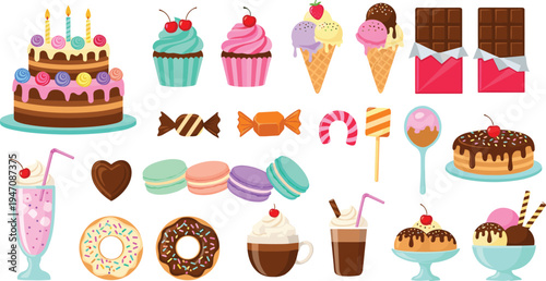 Colorful Sweet Desserts and Candy Collection with Cupcakes, Donuts, Ice Cream, Chocolate Bars, Macarons and Cakes for Bakery Menu and Food Design