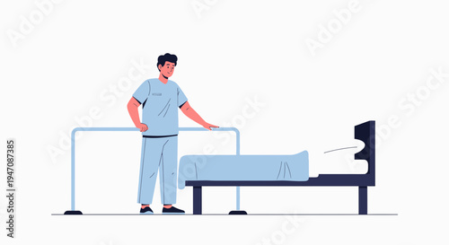 Doctor assisting patient with physiotherapy on parallel bars near hospital bed