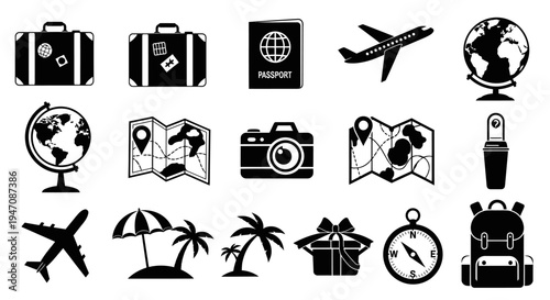 Black and white travel and tourism icon set