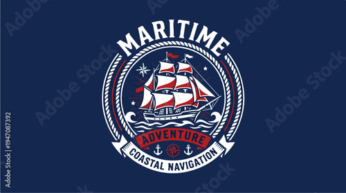 Maritime Adventure Coastal Navigation Vintage Sailing Ship Emblem.