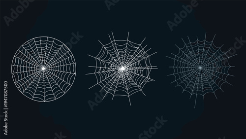 Three different white spider web designs with fine details isolated on a dark blue background for eerie halloween and spooky themes.