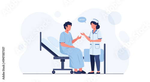 Doctor talking to patient in hospital bed, healthcare consultation, medical care concept
