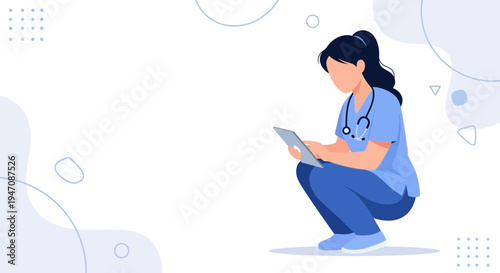 Nurse Crouching with Tablet, Medical Technology, Healthcare Professional