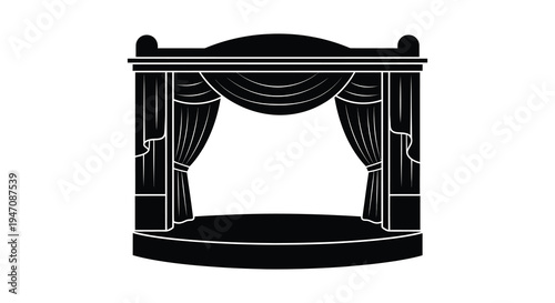 A striking black silhouette depicts a classical stage setting with ornate curtains and a platform silhouette high quality