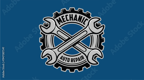 Mechanic Auto Repair Logo with Crossed Wrenches and Gear.