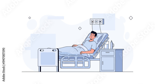Patient Lying in Hospital Bed with Medical Equipment and Nightstand
