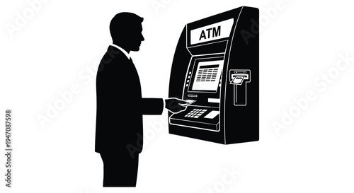A sharply defined silhouette depicts a suited person using an automated teller machine for a transaction silhouette
