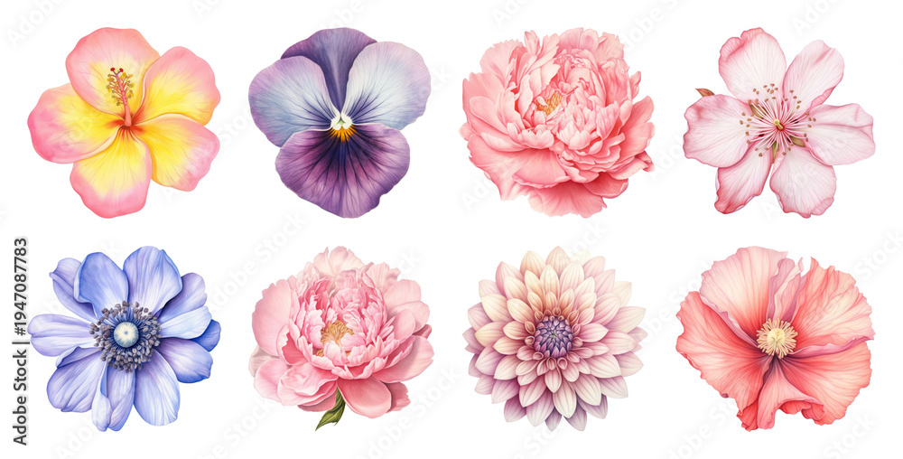 Fototapeta premium PNG Vibrant watercolor floral illustrations, transparent background