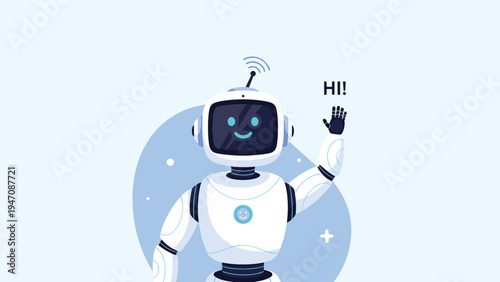 Modern white robot character with a smiling digital face waving its hand in a friendly greeting on a light blue background with icons.
