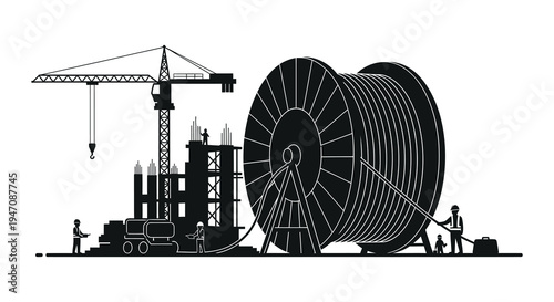 A stark black and white illustration depicting construction with a large cable spool and workers silhouette high quality