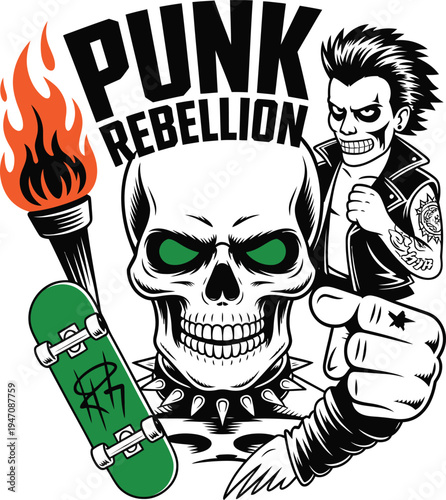 Punk Rebellion Theme Illustration with Skull Torch and Character, Edgy Streetwear Design with Skateboard and Rock Music Elements, Urban Subculture Vector Graphic