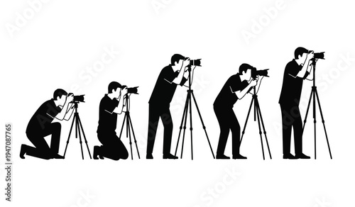 A sequence of five black silhouettes showing photographers in various positions with their cameras
