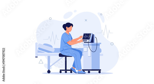 Nurse Operating Medical Equipment in Hospital Room with Patient Bed