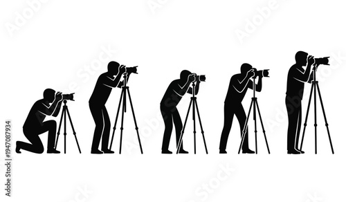 A sequence of five black silhouettes of photographers using professional cameras on tripods