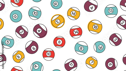 Seamless pattern of colorful billiard pool balls with numbers scattered across a clean white background for sports design.
