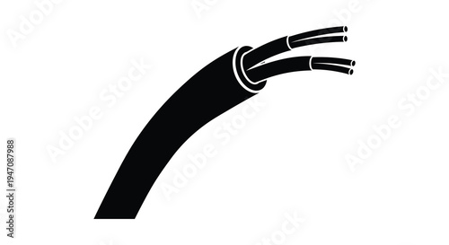 A sleek curving black cable with multiple exposed wires is displayed against a plain white background silhouette