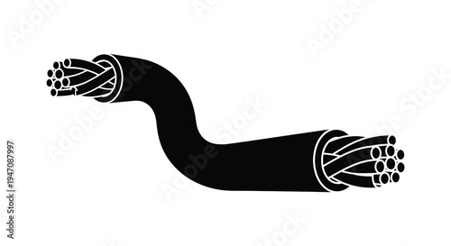 A stylized black illustration depicts a curved bundled cable with exposed wiring a striking silhouette high quality professional